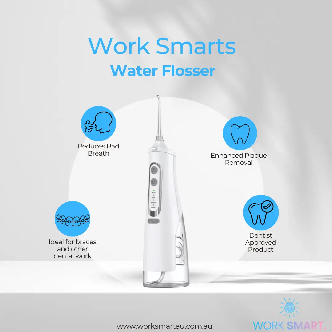 Premium WorkSmart Water Flosser – 4-in-1 - Cordless, Rechargeable Dental Jet | Removes 99.9% Plaque | AU Stock