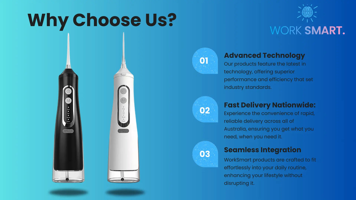 Premium WorkSmart  Water Flosser – 4-in-1 - Cordless, Rechargeable Dental Jet | Removes 99.9% Plaque | AU Stock